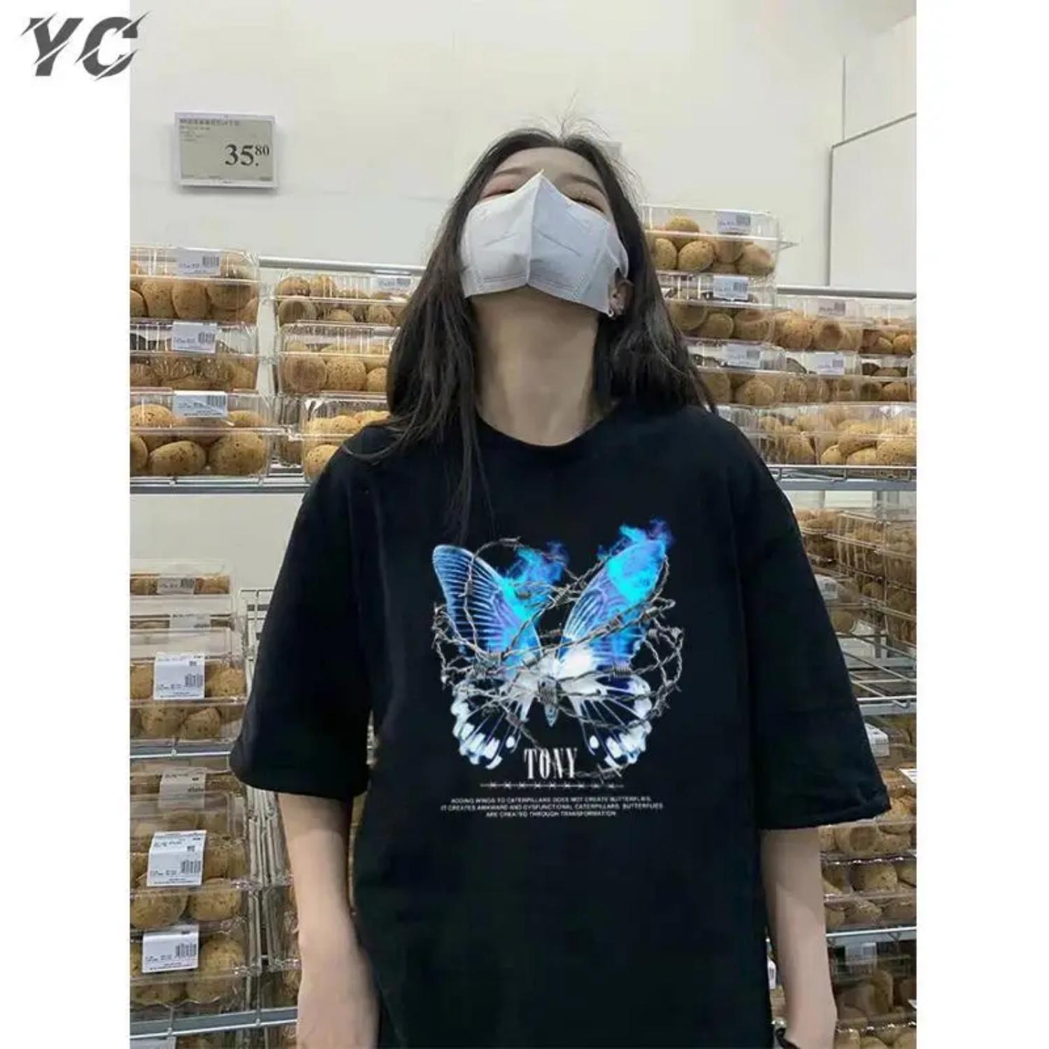 

Punk Men s T-Shirt Oversized Hip Hop Women Short Sleeve Butterfly Graphic Print Harajuku Korean Tops Streetwear Clothing Gothic S