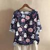 Camicia alla moda e casual da donna a maniche corte con scollo rotondo e stampa, blusa top in cotone e lino