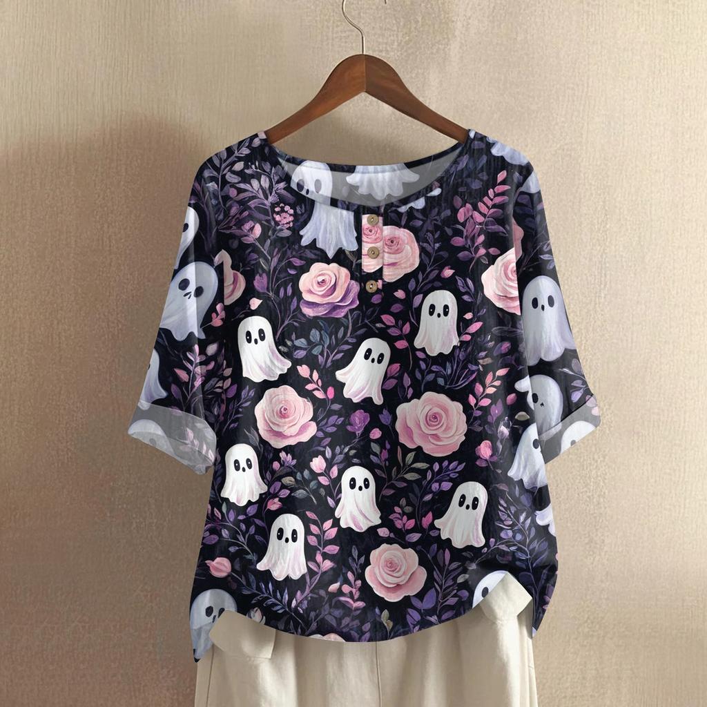 Camicia alla moda e casual da donna a maniche corte con scollo rotondo e stampa, blusa top in cotone e lino