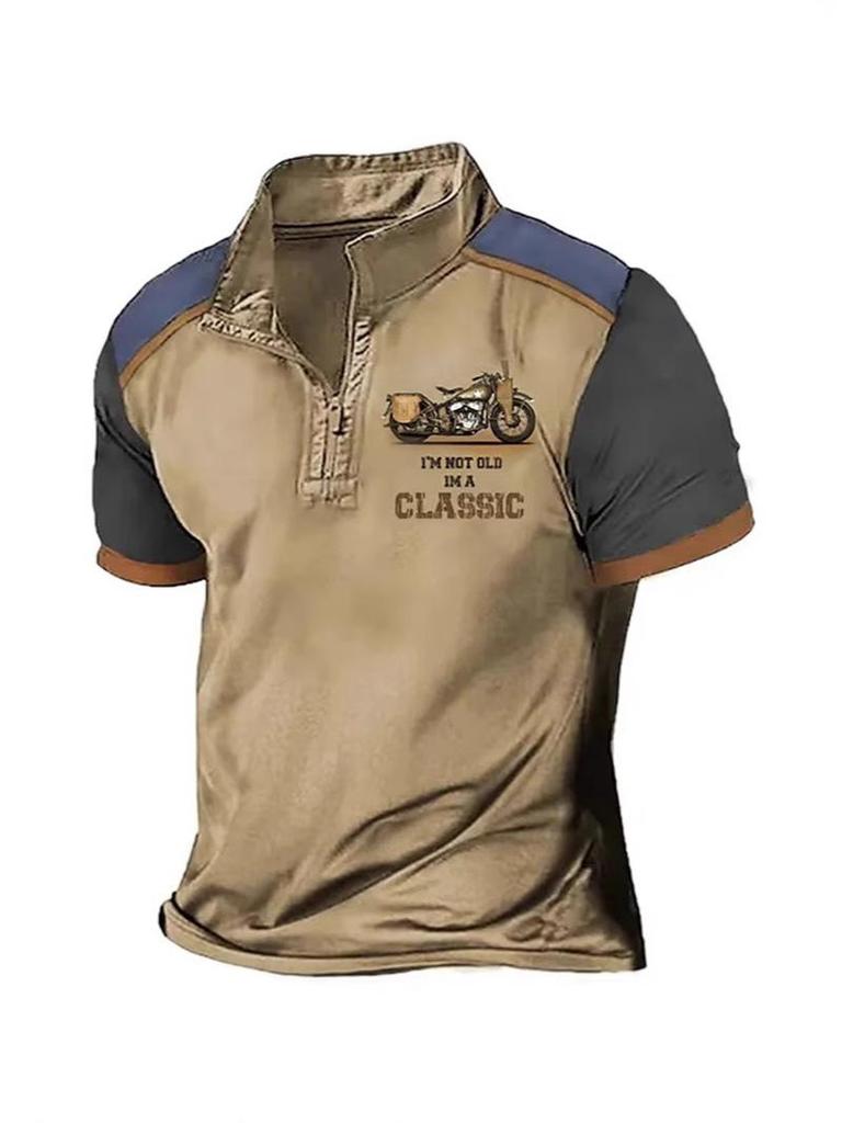 Retro Men's 3D Print Short Sleeve Polo with Zipper Lapel