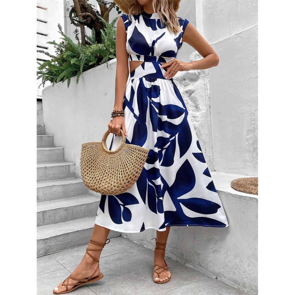 Abito lungo elegante da donna senza maniche, girocollo, vita aperta, stampa floreale