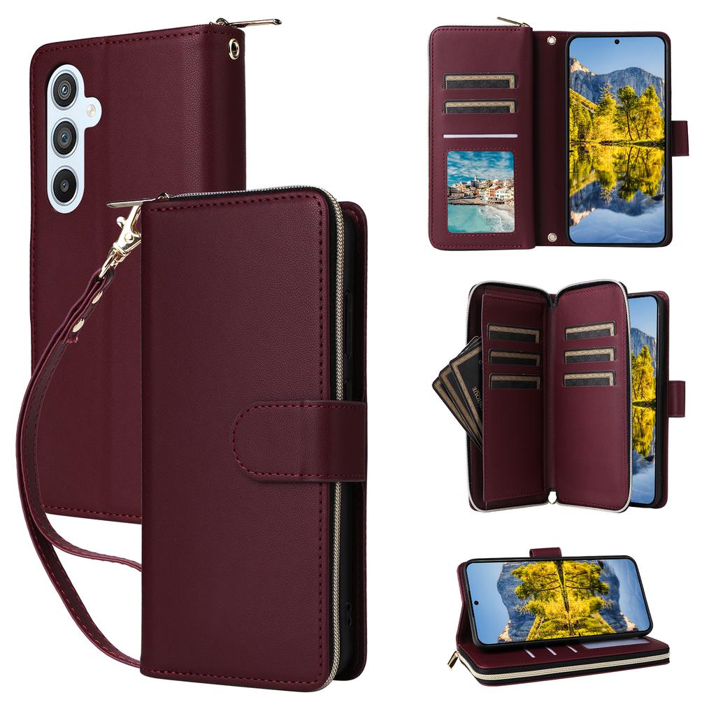 R20 For Samsung Galaxy A54 5G Case 9 Card Slots PU Leather Phone Cover with 2 Straps