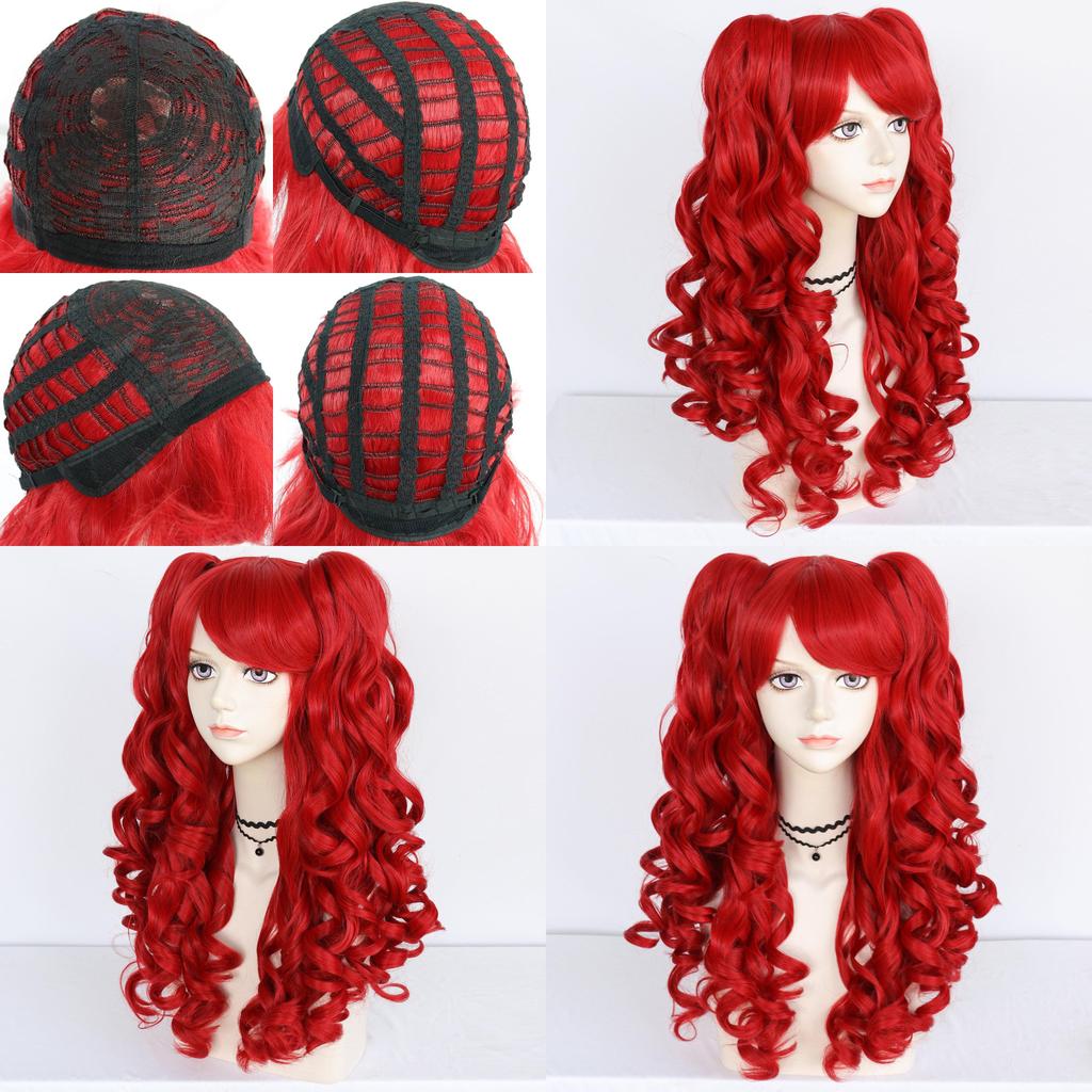 Lolita Cosplay Wig With Double Tiger Clips Red Long Curly Synthetic Hair For Anime Costumes