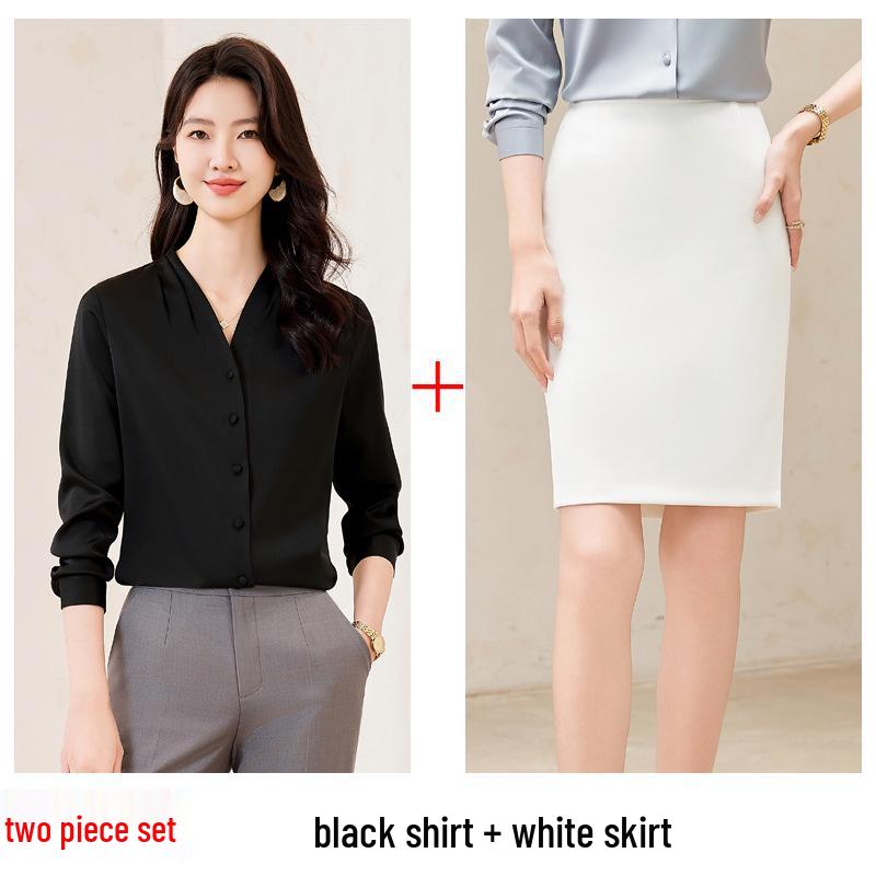 Women's White V-Neck Chiffon Shirt: Formal Spring/Autumn Wear for Interviews and Office.