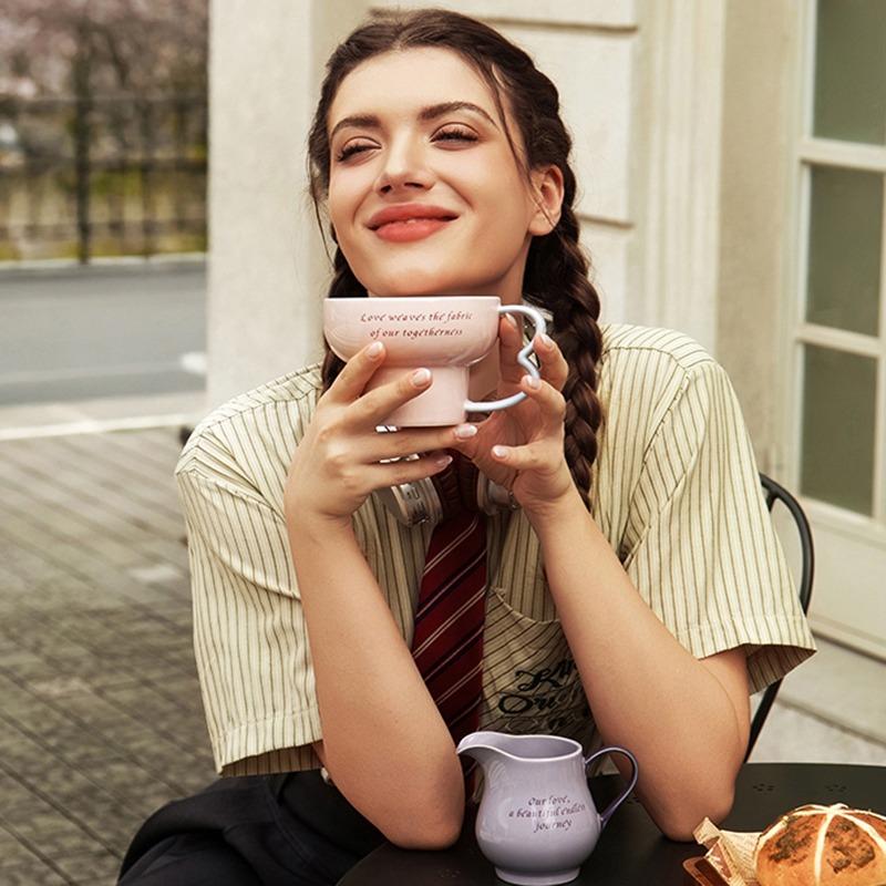 SOLECASA Ceramic Mugs with Creative Handle Pink Blue Coffee Cup & Saucer Set Afternoon Tea Coffee Latte Cups Home Coffee Mug Set