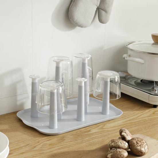 Escurridor de Tazas de Plástico de 6 Ranuras con Bandeja de Goteo Organizador de Encimera Ahorra Espacio para Tazas Vasos Estante de Almacenamiento de Cocina Libre de BPA