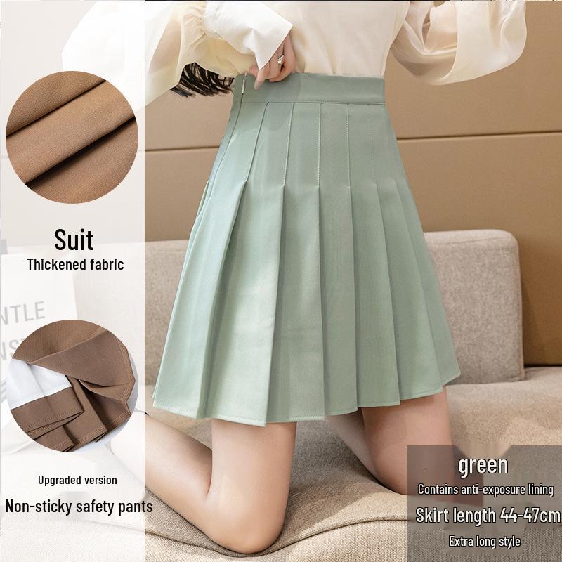 Spring 2025 Women's High Waist Plaid Pleated Skirt - Black A-Line Slimming College Style