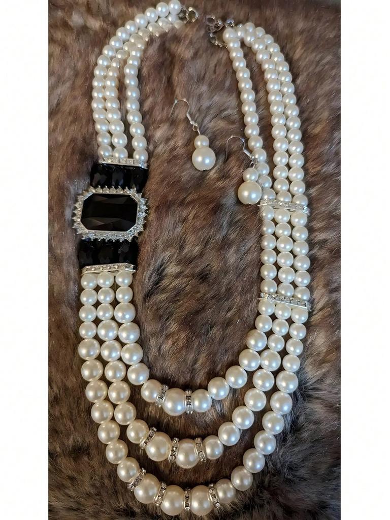 Svatební Zirkonová Sada 2024 Trendy Elegantní Vícevrstvý Náhrdelník a Náušnice se Čtvercovými Skleněnými Krystaly Imitujícími Perly