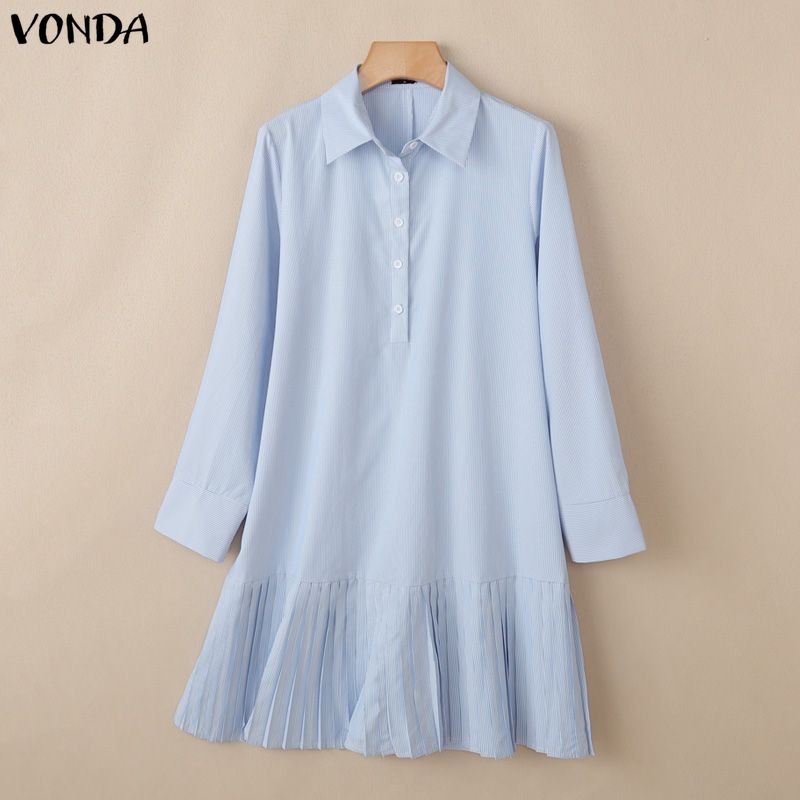 VONDA Elegant Women Lapel Neck Long Sleeve Striped Ruffled Casual Shirts Dress