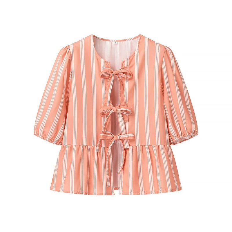 

Za Women s Spring New Arrival French Sweet Style Puff Sleeves round Neck Vertical Stripes Bows Shoelace Shirt Tops Orange L