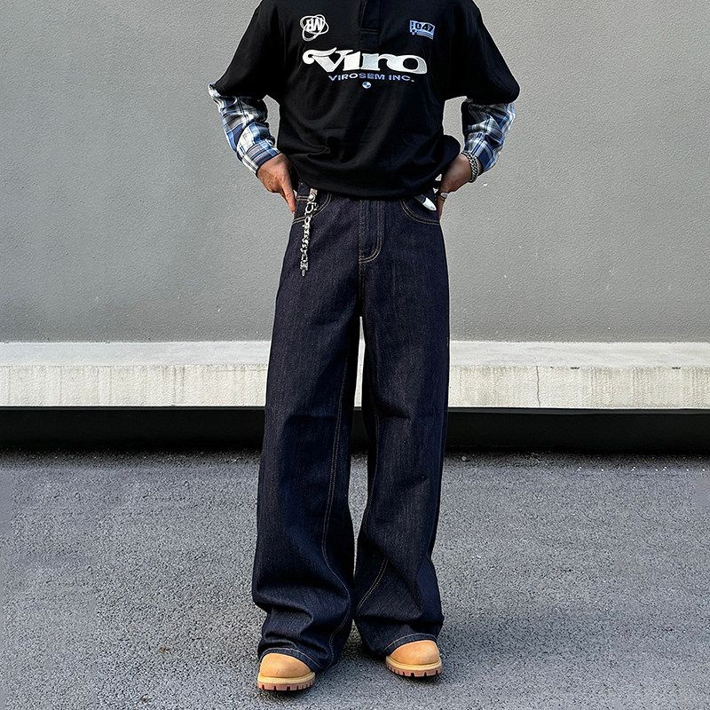 Blaexit American-Style Dark Blue Denim Jeans for Men, Vintage Straight-Leg Loose Casual Flared Original Color Wide-Leg Pants