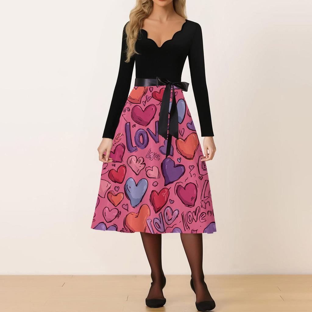 Damen Freizeitmode V-Ausschnitt Valentinstag Print Retro Kleid