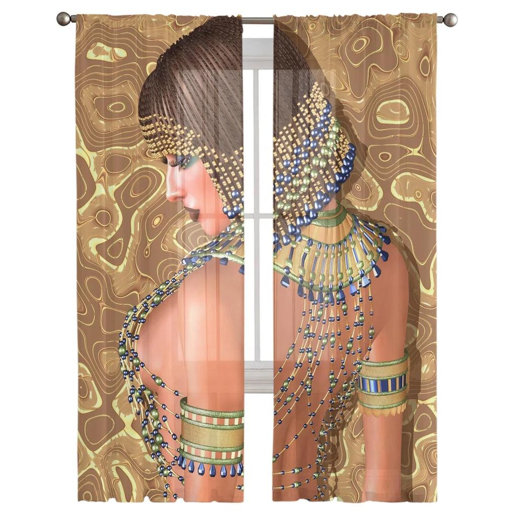 Egyptian Woman Golden Beads Fashion Girl Tulle Window Treatment Sheer Curtains for Living Room the Bedroom Curtains Decoration