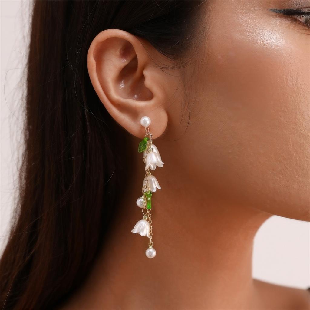 Maiglöckchen Ohrhänger mit Perlenfransen Romantischer Blumenschmuck für Party-Schmuck für Damen Elegante Lange Hängeohrringe