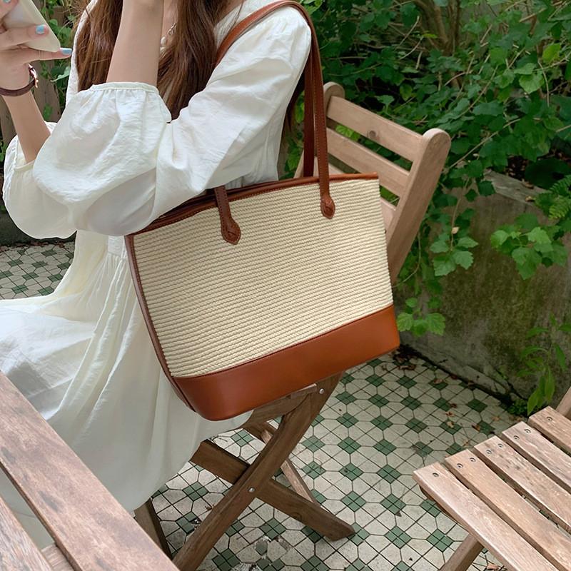Ielgy Summer Retro Texture Underarm Bag Straw Woven Large Capacity Simple Tote Large Bag