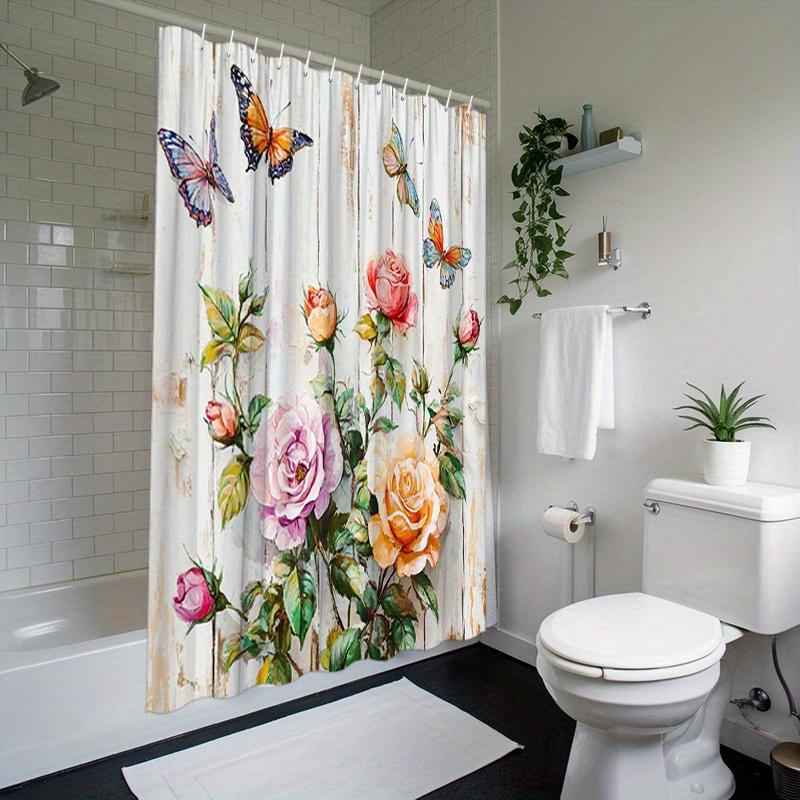 Roses & Butterflies Shower Curtain - Rustic Wood Background, Soft Pink Flowers, Polyester, 12 Hooks, 70.8X70.8 Inches, Washable