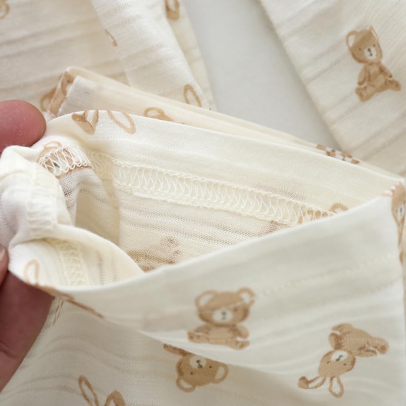 Baby Koi Baby Clothes Pajamas Long Sleeves Thin Cotton Belly Warmer Top and Bottom Set Front Opening Boys Clothes Mesh Pattern Gift Khaki Bear Pattern