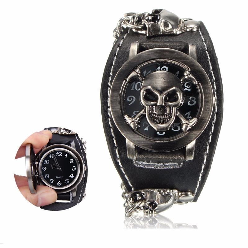 JewelryWe - Orologio Set da Polso Punk Bracciale Cinturino in Pelle da Uomo/Donna con Teschio Colore Cosplay Halloween