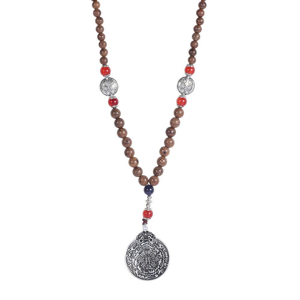 Vintage Ethno Schmuck Glücksgeschenk Handgemachte buddhistische Mala Holzperle Nepal Halskette Horn Fisch Anhänger