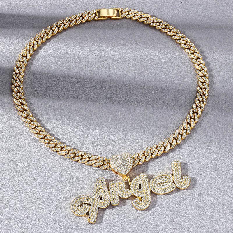 European & American Full Diamond "ANGEL" Cursive Pendant Necklace - Hip Hop Style