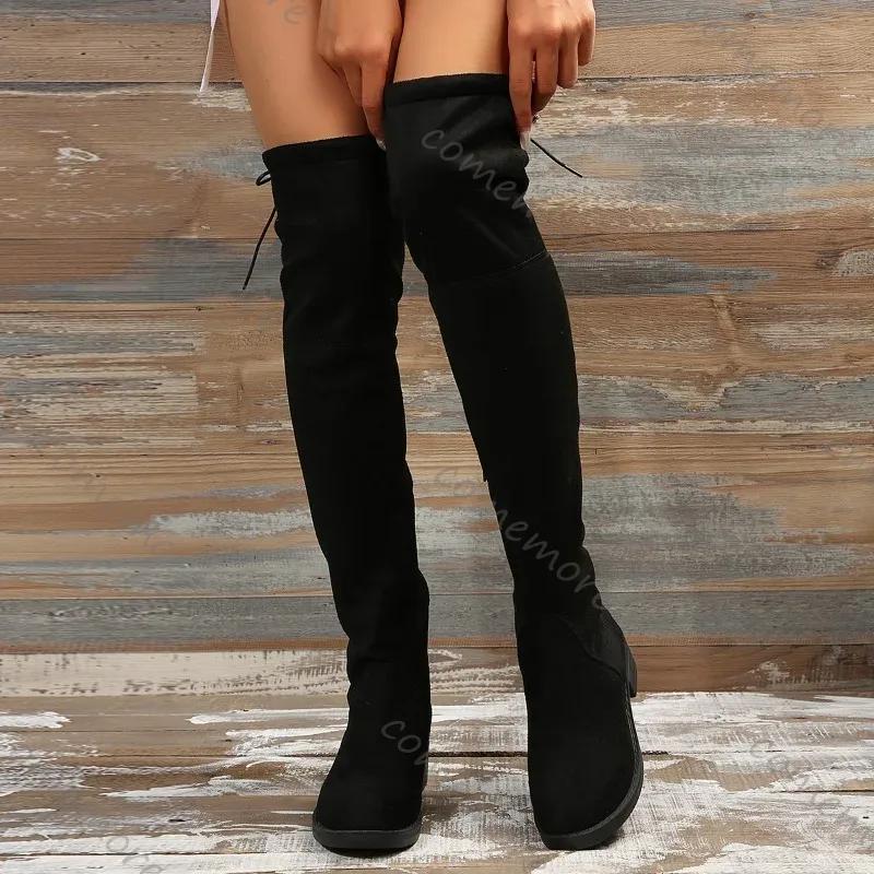 Comemore Over The Knee Boots Women Autumn Winter Short Plush Long Boots Woman Black Flock Low Heel Thigh High Botas