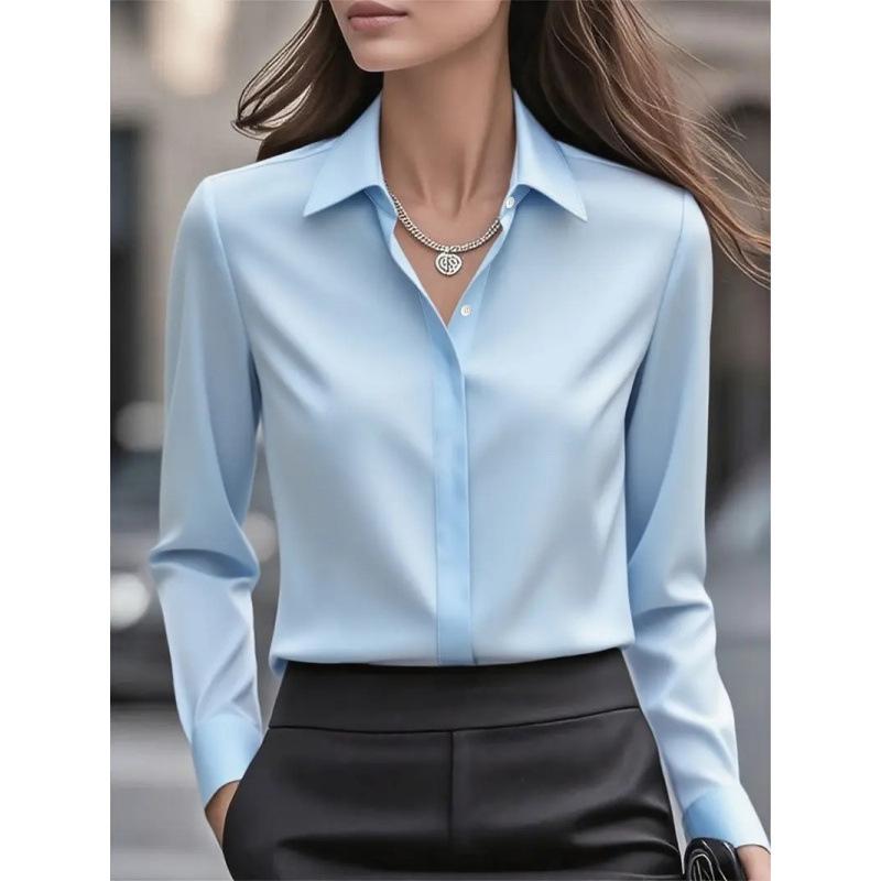 Autumn Solid Color Long Sleeve Shirt Lapel Satin Blouse Shirt for Women