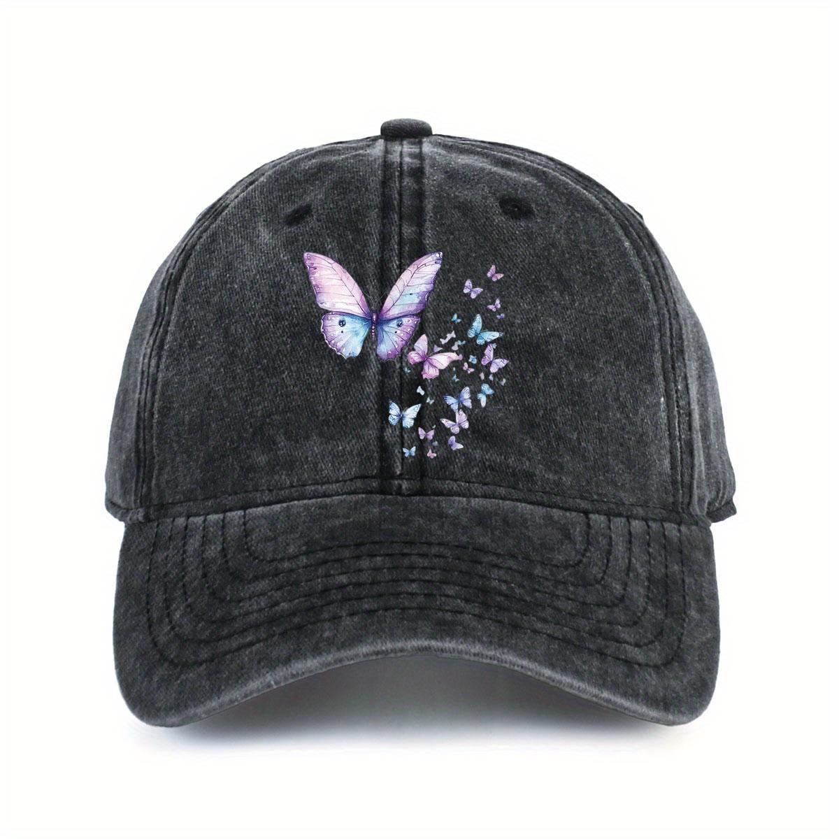 Butterfly Print Washed Baseball Cap Unisex Casual Polyester Adjustable Sun Protection Outdoor Baseball Hat One Size