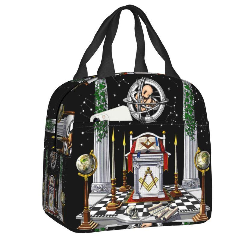 Custom Freemason Square & Compass Gold Masonic Thermal Insulated Lunch Bag Women Resuable Lunch Tote for Picnic Storage Food Box