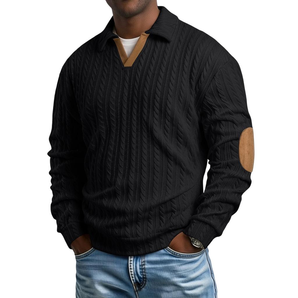 Men's Color-Block Long Sleeve Sweater, Loose Fit Casual Retro V-Neck with Collar, Thick Warm Top
