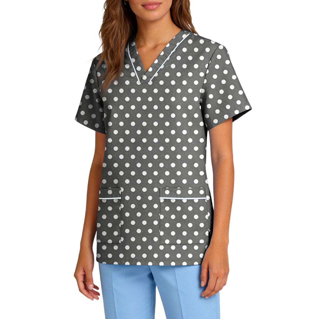 Women's Stretch Quick-Dry V-Neck Short Sleeve Workwear Top with Polka Dot Print & Pockets
