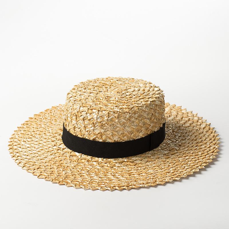 Spring and summer new hand-woven lace straw flat top straw hat women's travel sunscreen sun hat beach top hat