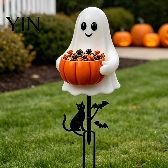 Decorative Soil Insert Signs Halloween Ghost Candy Bowl Garden Stake, 2D Flat Pumpkin Holder with Cat Decor And Bats, Trick or Treat Yard Art