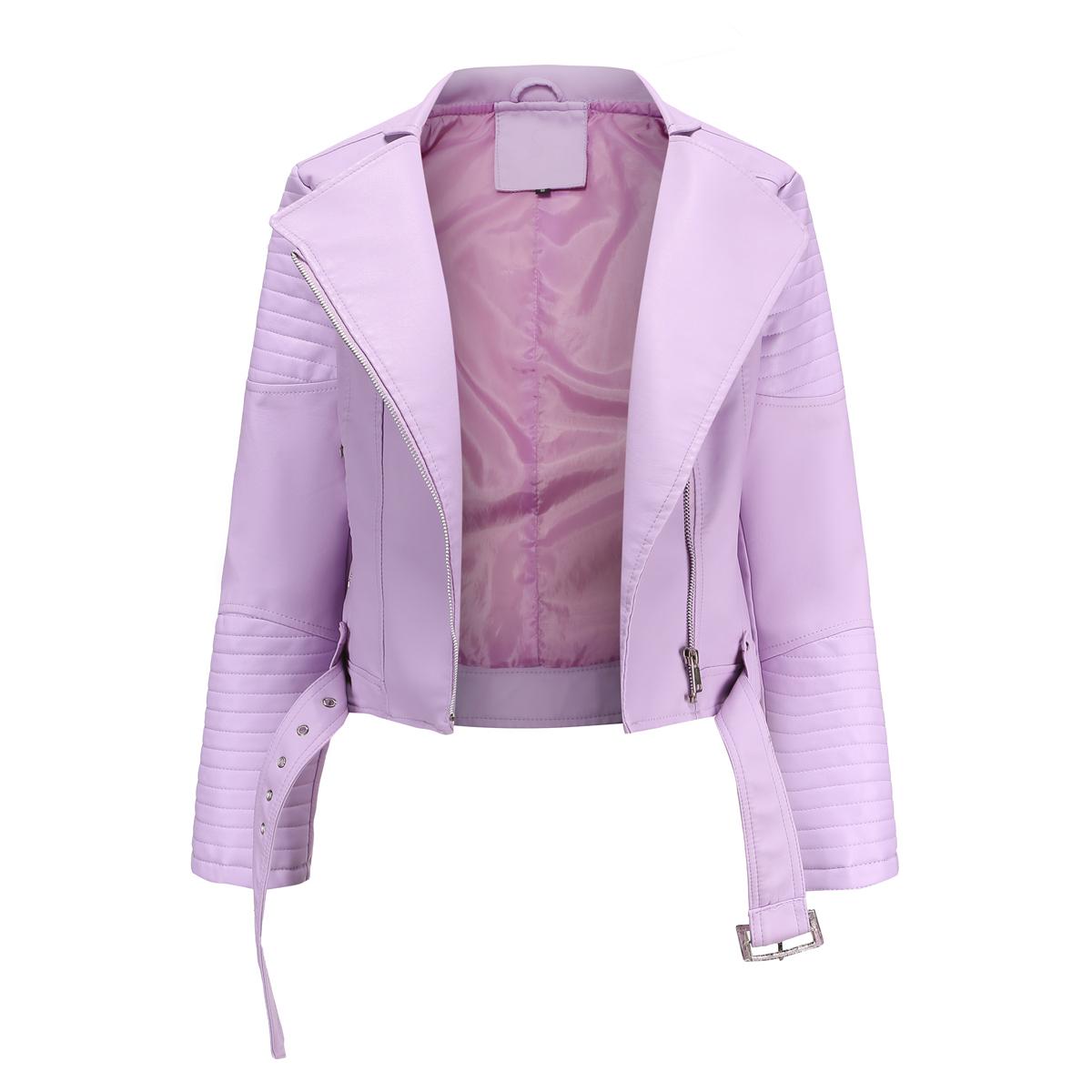

Куртки в стилі панк для жінок, штучна шкіра, лацкан, пояс, коротке пальто, довгі рукави, верхній одяг на блискавці, бомбери 3XL світло-рожевий колір