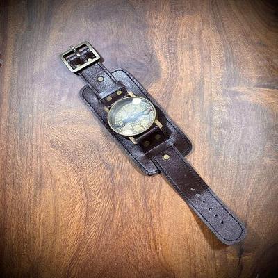 Leather Strap Steampunk Wrist Watch Brass And Leather Compass Bracelet, Perfect For Adventures, Memorial Gift, Adventures Gift, Camping Gift.