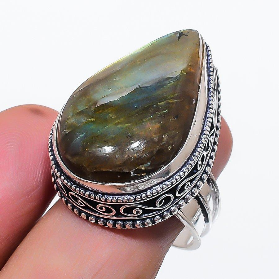 Natural Labradorite Gemstone 925 Sterling Silver Jewelry Ring Size 9 W6K56