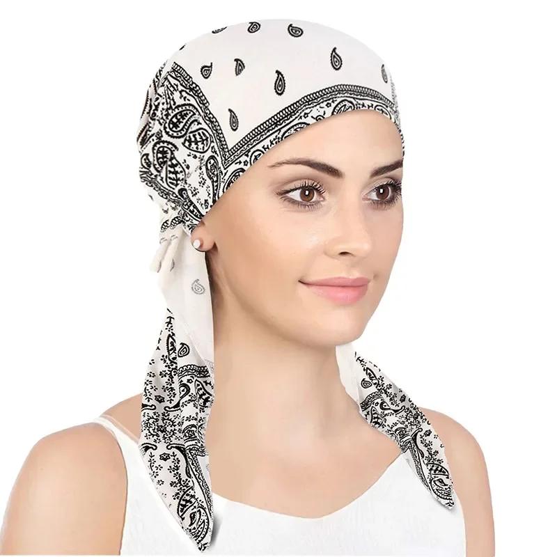 New Muslim Women Soft Turban Hat Headbands Pre-Tied Head Scarf Printed Ladiess Cotton Chemo Cap Inner Hijabs Hair Accessories