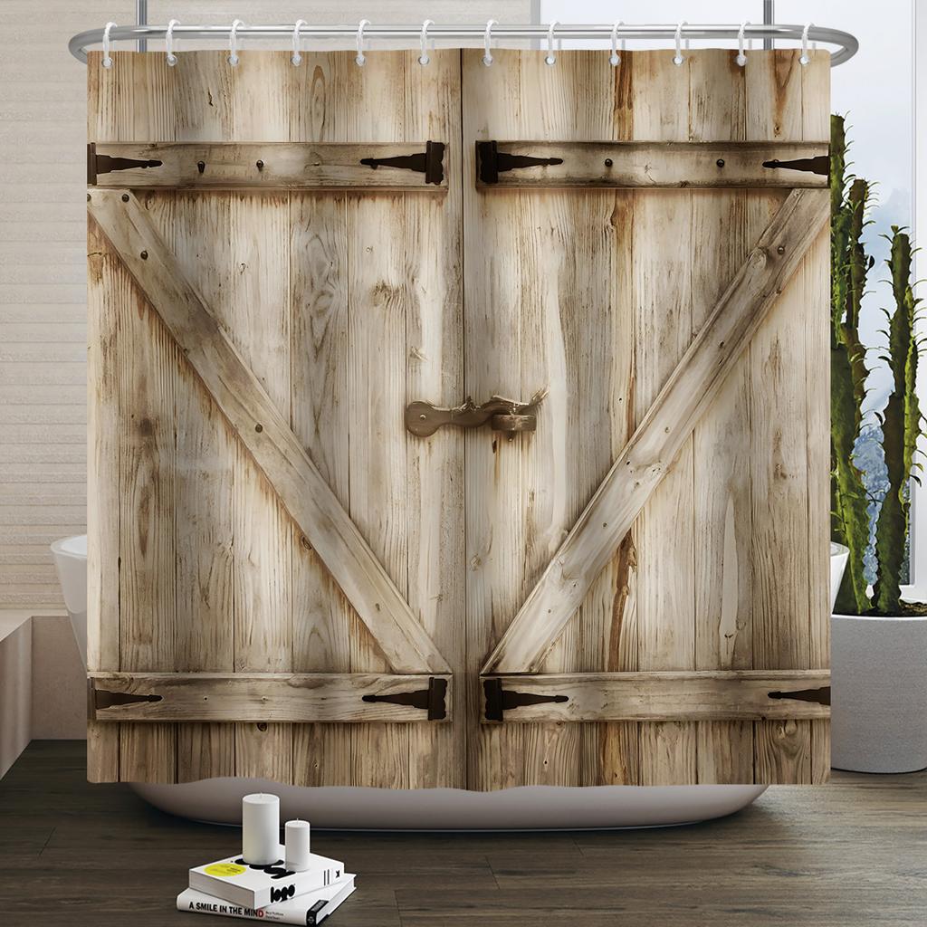 Retro Wood Door Shower Curtain Farmhouse Country Vintage Farm Barn Wooden Waterproof Polyester Shower Curtain for Bathroom Decor