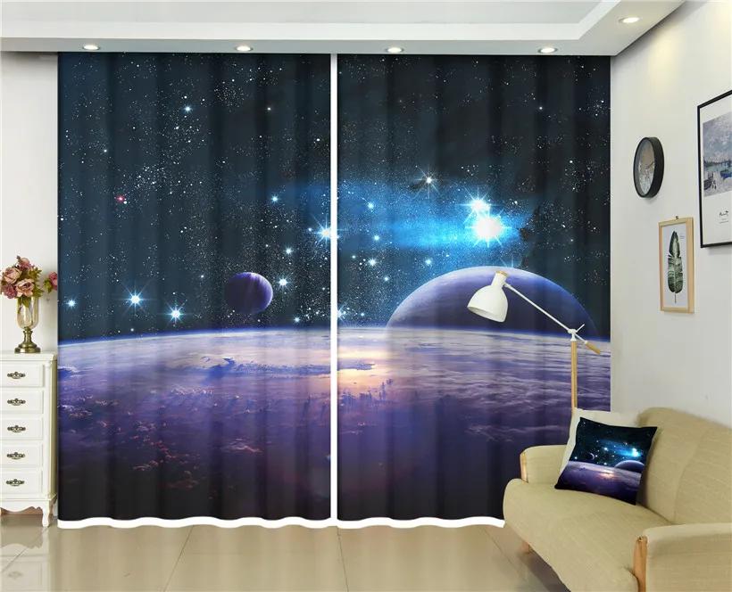 Earth Space Night Milky Way Starry Sky Printed Drape 2 Pieces Thin Children's Curtain for Living Room Bedroom Window Drape Decor