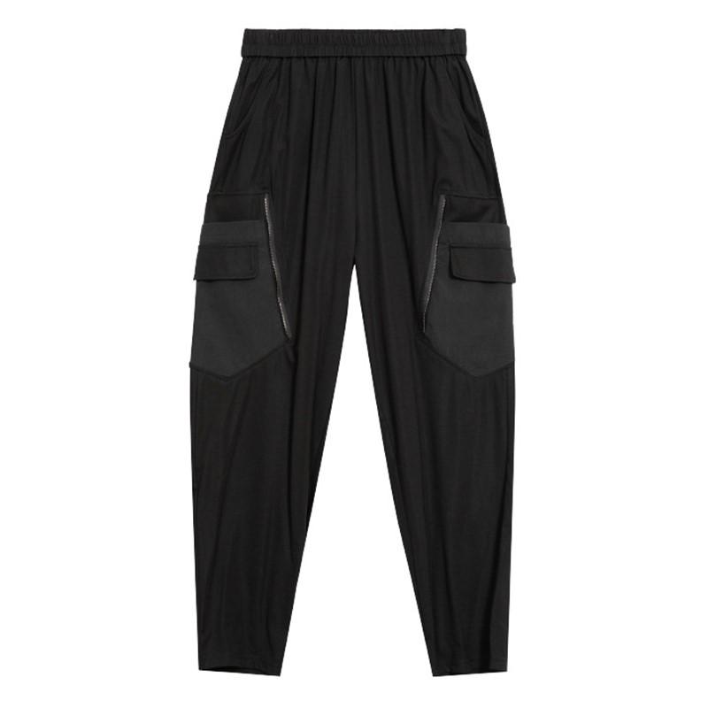 Plus Size Vintage Black Patchwork High Waist Casual Loose Summer Cargo Pants Women Trousers
