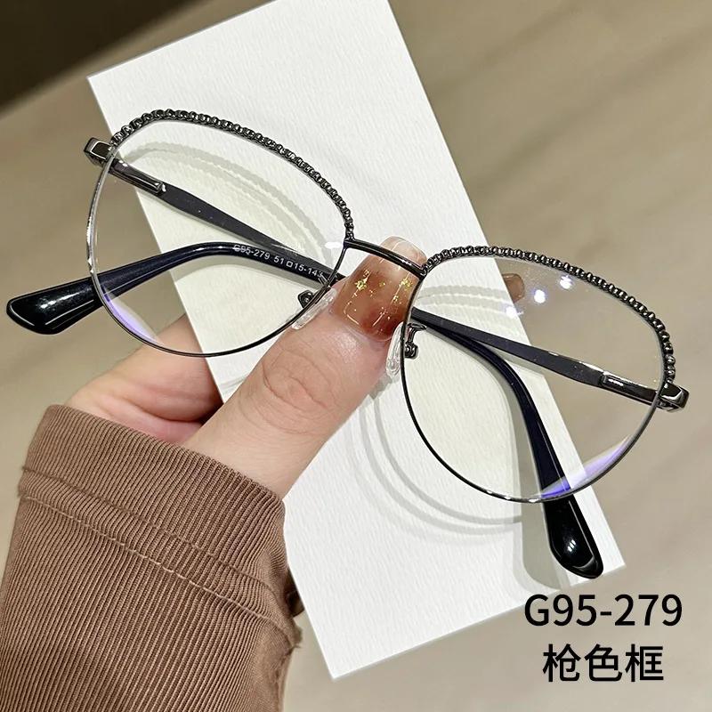 

Round Metal Frame Anti Blue Light Glasses Luxury Half Rhinestone Edged Eyeglasses Women Computer Light Blocking Plain Glasses