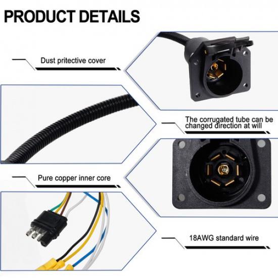 4 Pin Flat To 7 Way Round Adapter Wiring Plug Mounting Bracket RV Trailer Truck