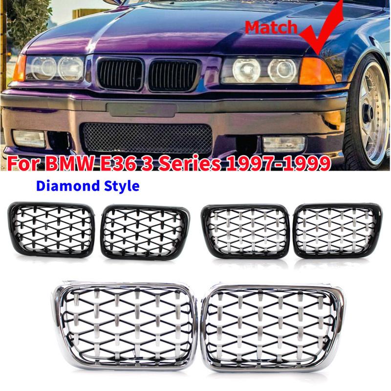 1 Pair Diamond Style Grille For BMW E36 3 Series 1997 1998 1999 Front Bumper Grille Kidney Mesh Grill Car Replacement Parts ABS