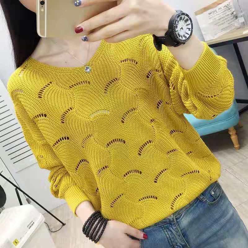Women Sweaters Fashion Casual Pure Color Hollow Out Bat Sleeve Loose Sweater Spring Autumn Ladies Pullovers Tops Plus Size
