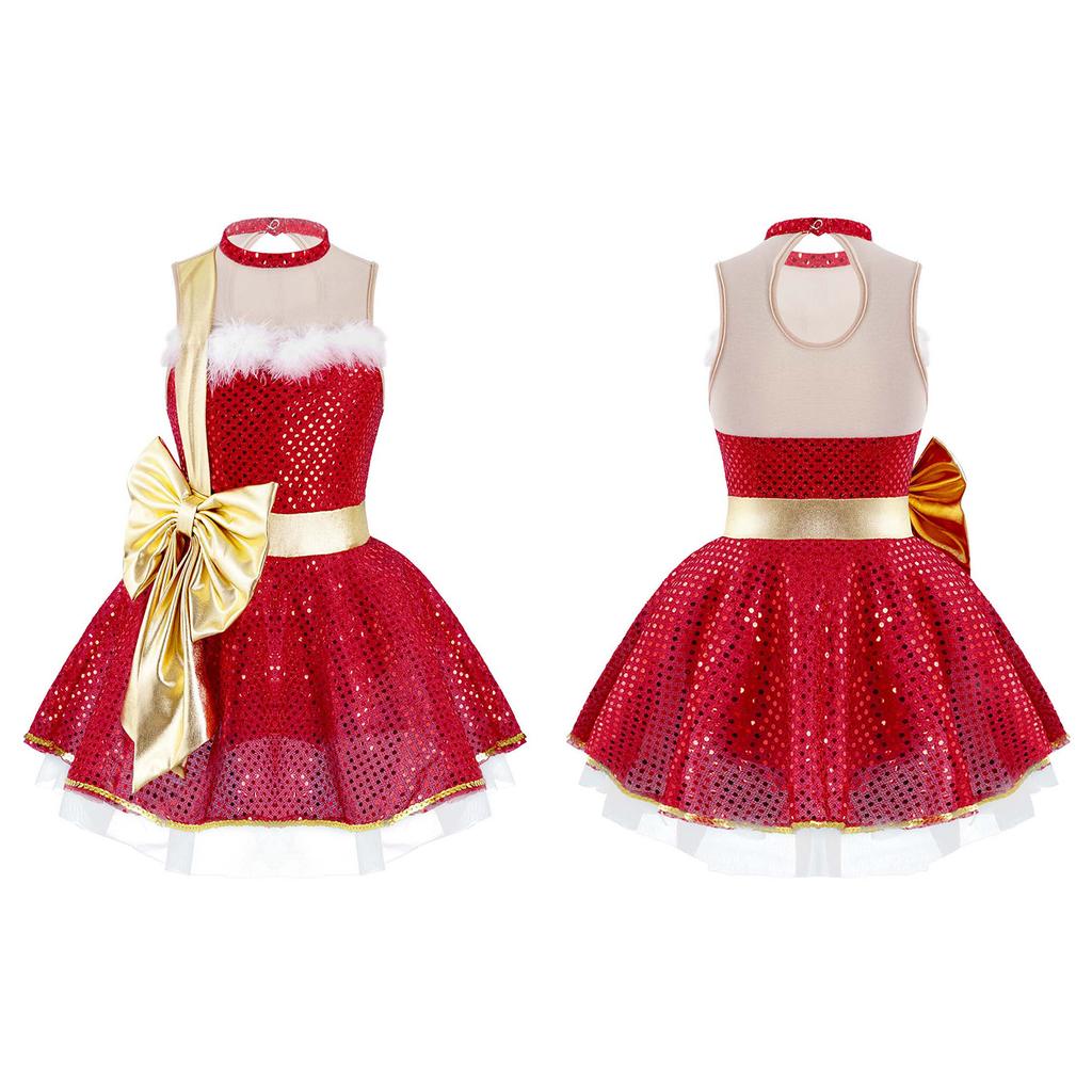 Kids Girls Shiny Sequins Christmas Dance Dress Santa Claus Costumes Ballet Tutu Dress Figure Ice Skating Dress