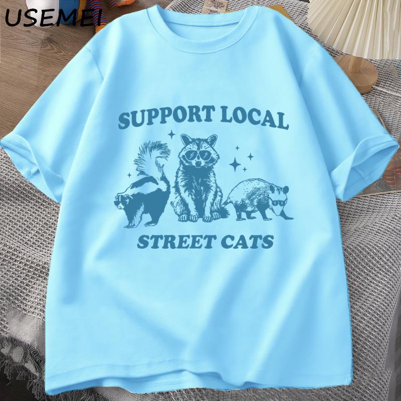 Support Your Local Street Cats Retro T Shirt Funny Raccoon T-Shirt Streetwear Animal Cat Lover Graphic T Shirts Mens Clothing