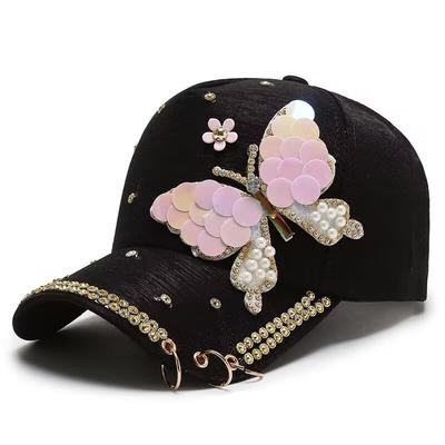 Three-ring Mercerized Baseball Cap, Summer Butterfly Sequins Diamond, Anti-sun Visor Cap for Men and Women