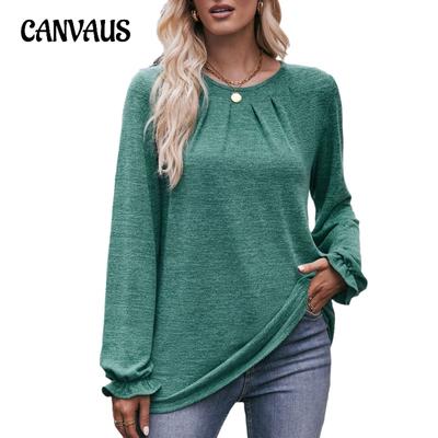 Autumn Women's Blouse Casual Round Neck Pleated Brushed Long Sleeve Top