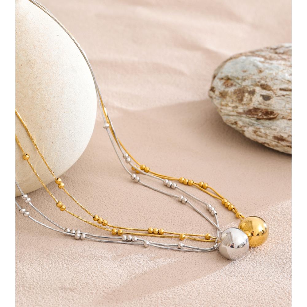Eetit Stainless Steel Double-Layer Chain Round Stacking Necklace Pendant 16K Golden & Platinum Plated Waterproof Collar Jewelry