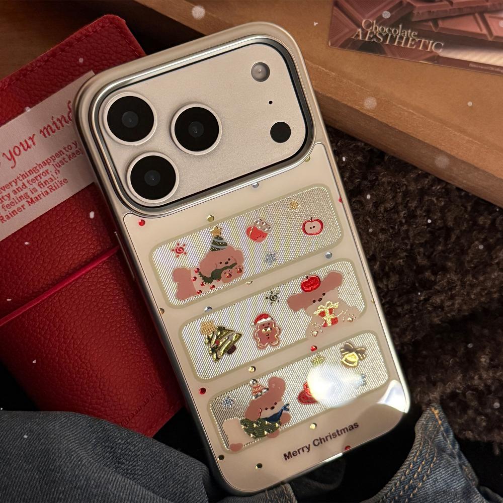 Window Christmas Puppy Case for Apple IPhone 17 Pro Max and IPhone 16, Electroplated Gold-plated Cute Protective Case.