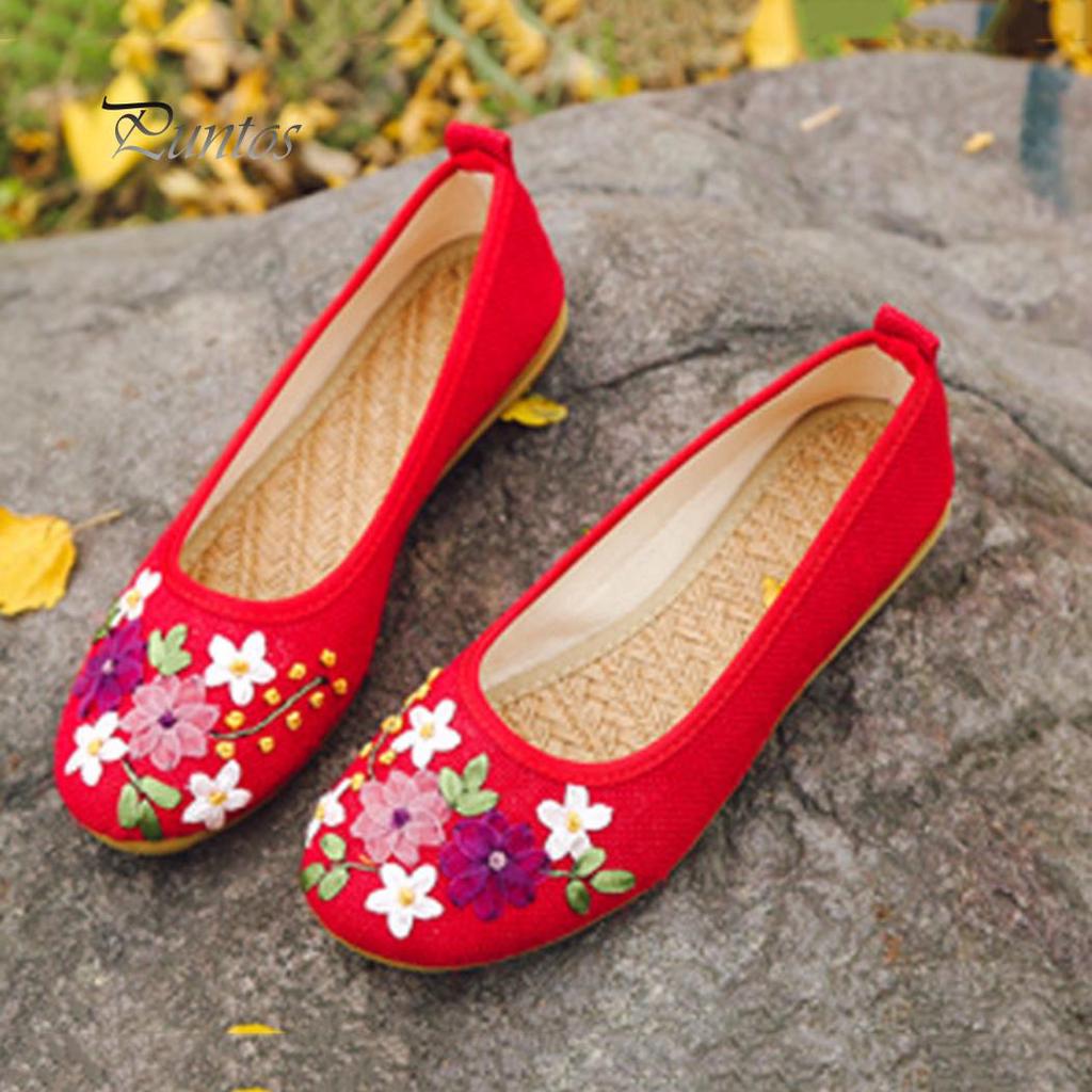 Vintage bestickte Damen-Flats, Blumen-Slipper, runde Zehenschuhe, Slipper, Ballerinas